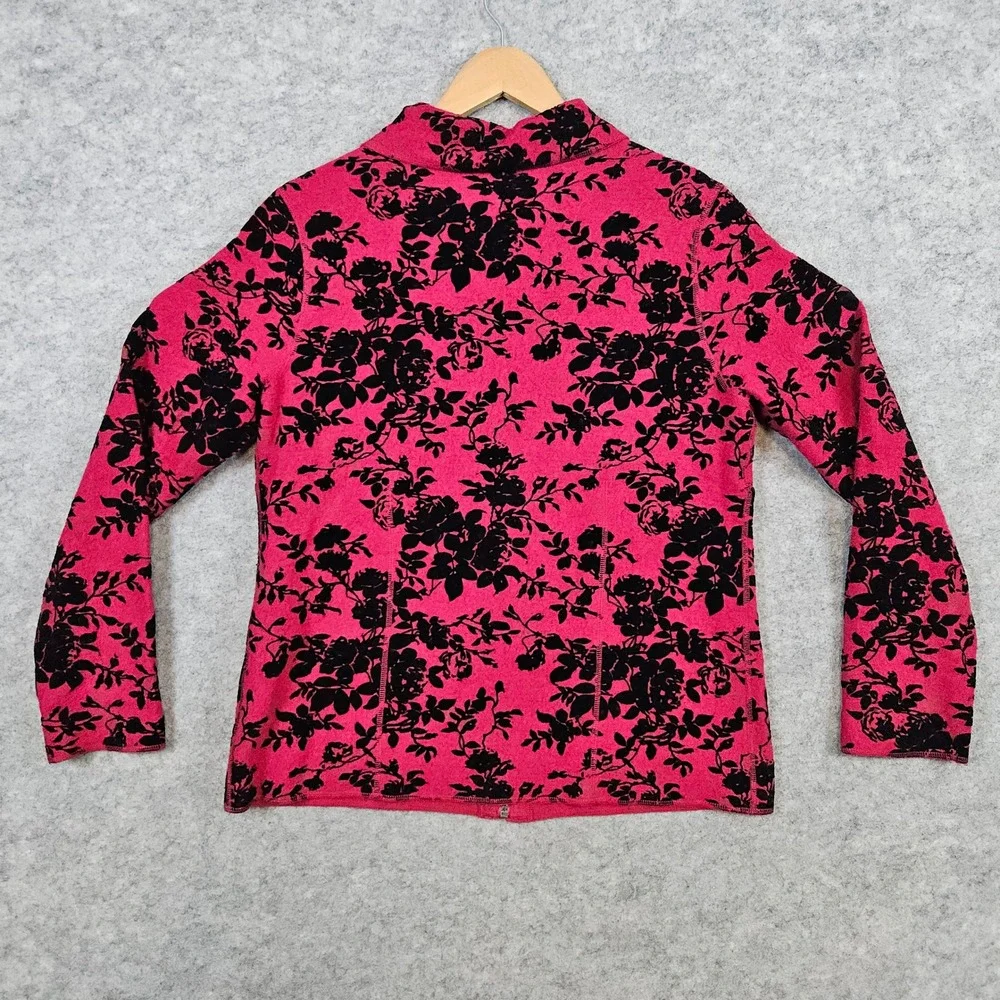 For Cynthia Womens Pink & Black Floral Print Wool Blend Zip Up Cardigan Size M